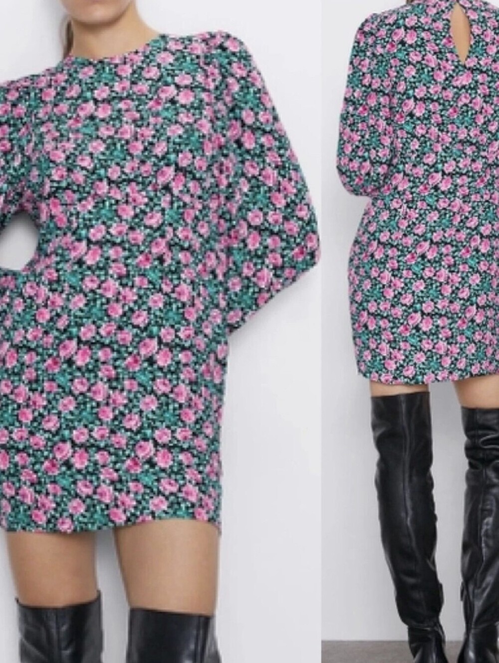 Zara Floral Print 3/4 Puff Sleeve Side Zipper Mini Dress, Size Small